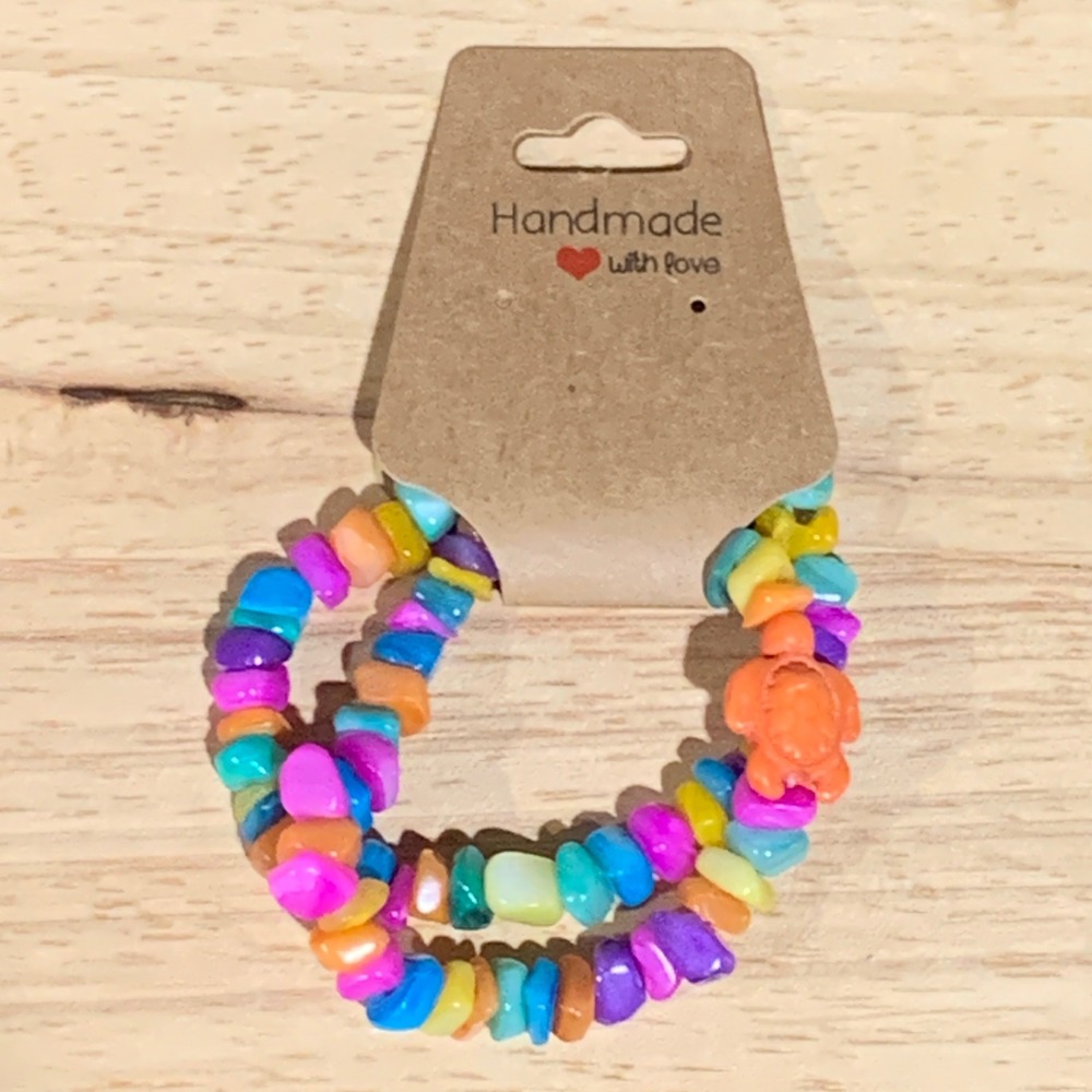 Handmade Beaded Bracelet Women Rainbow Glass Turtle Chip Stack Beachy Boho